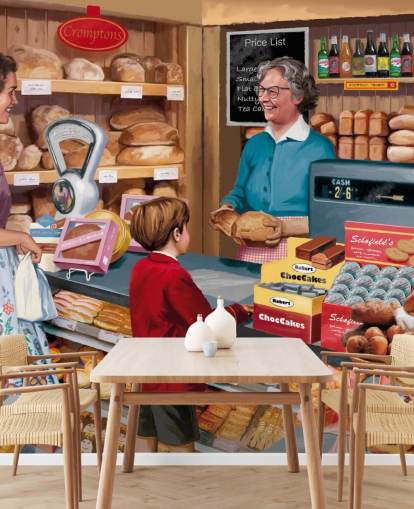 colourful custom bygone era wallpaper mural called Village Bakery by Victor McLindon for care homes