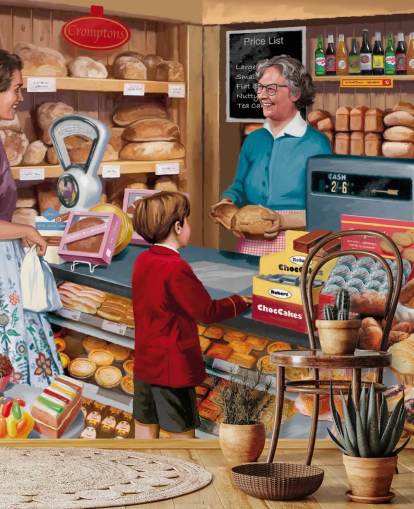 colorful custom bygone era wallpaper mural called Village Bakery by Victor McLindon for care homes colorful custom bygone era wallpaper mural called Village Bakery by Victor McLindon for care homes