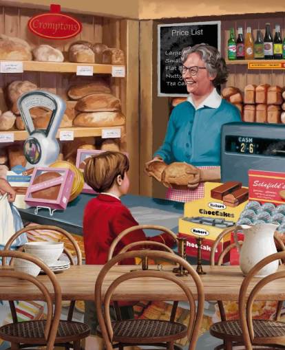 colorful custom bygone era wallpaper mural called Village Bakery by Victor McLindon for care homes