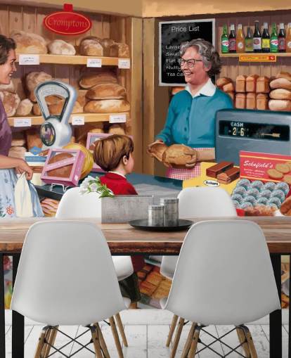 colorful custom bygone era wallpaper mural called Village Bakery by Victor McLindon for care homes colorful custom bygone era wallpaper mural called Village Bakery by Victor McLindon for care homes