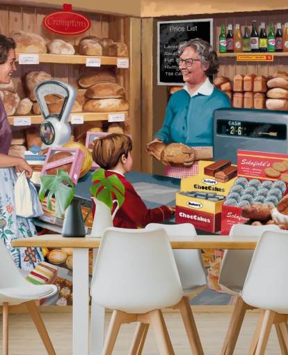 colourful custom bygone era wallpaper mural called Village Bakery by Victor McLindon for care homes