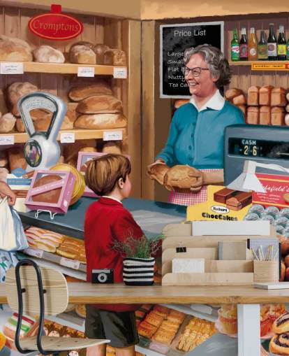 colorful custom bygone era wallpaper mural called Village Bakery by Victor McLindon for care homes colorful custom bygone era wallpaper mural called Village Bakery by Victor McLindon for care homes