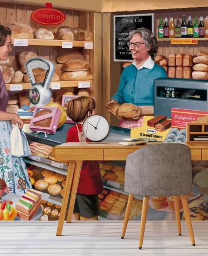 papier peint mural coloré personnalisé d'époque révolue appelé Village Bakery par Victor McLindon pour les maisons de retraite