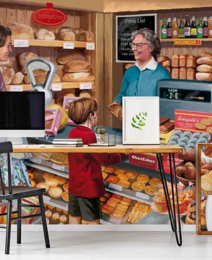 colorful custom bygone era wallpaper mural called Village Bakery by Victor McLindon for care homes