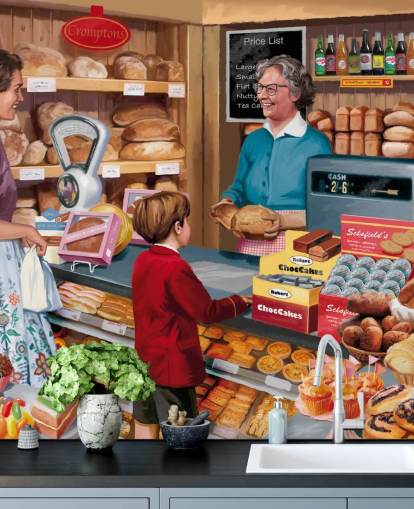 farbenfrohes Wandbild aus vergangenen Zeiten namens Village Bakery von Victor McLindon für Pflegeheime