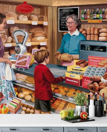 papier peint mural coloré personnalisé d'époque révolue appelé Village Bakery par Victor McLindon pour les maisons de retraite