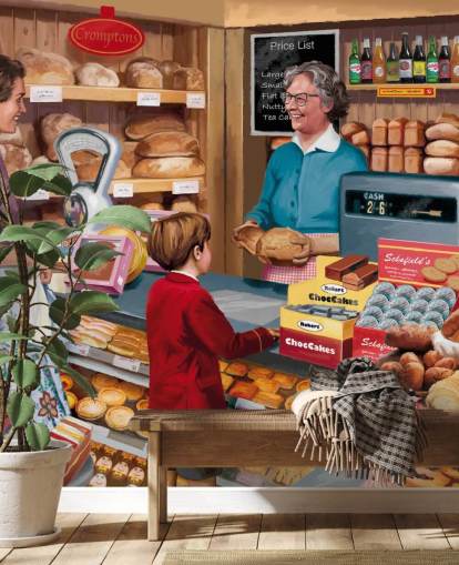 colorful custom bygone era wallpaper mural called Village Bakery by Victor McLindon for care homes