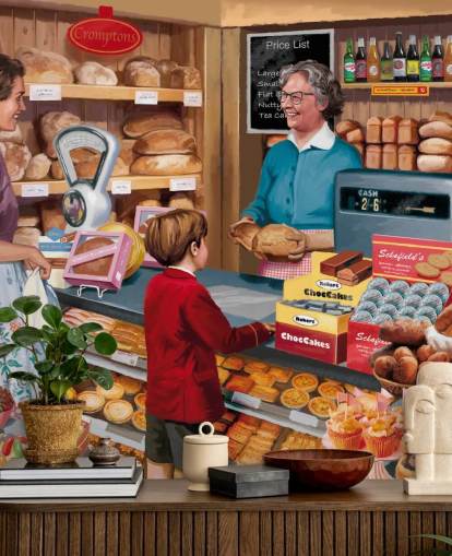 fargerikt tilpasset tapetmaleri fra svunnen tid kalt Village Bakery av Victor McLindon for omsorgsboliger fargerikt tilpasset tapetmaleri fra svunnen tid kalt Village Bakery av Victor McLindon for omsorgsboliger