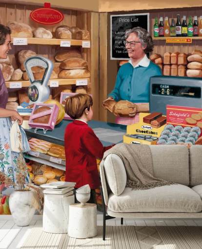 colorido mural de papel pintado personalizado de la época pasada llamado Village Bakery de Victor McLindon para residencias de ancianos colorido mural de papel pintado personalizado de la época pasada llamado Village Bakery de Victor McLindon para residencias de ancianos