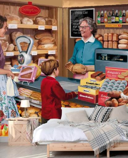 färgglad anpassad svunnen tid tapetväggmålning som heter Village Bakery av Victor McLindon för vårdhem färgglad anpassad svunnen tid tapetväggmålning som heter Village Bakery av Victor McLindon för vårdhem