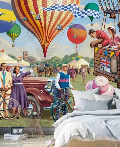 färgglad anpassad svunnen tid tapetväggmålning som heter Hot Air Balloon Show av Victor McLindon för vårdhem färgglad anpassad svunnen tid tapetväggmålning som heter Hot Air Balloon Show av Victor McLindon för vårdhem