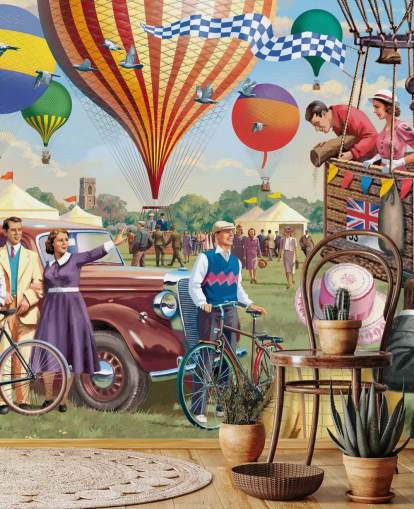 papier peint mural coloré personnalisé de l'époque révolue appelé Hot Air Balloon Show par Victor McLindon pour les maisons de retraite