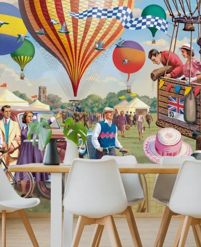 colourful custom bygone era wallpaper mural called Hot Air Balloon Show by Victor McLindon for care homes colourful custom bygone era wallpaper mural called Hot Air Balloon Show by Victor McLindon for care homes