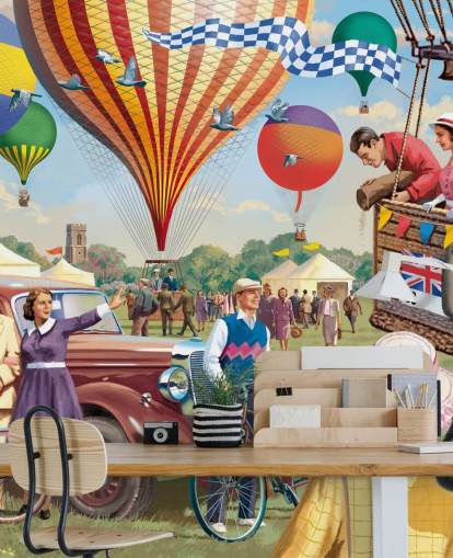 kleurrijke op maat gemaakte behangmuurschildering uit vervlogen tijden genaamd Hot Air Balloon Show van Victor McLindon voor verzorgingstehuizen