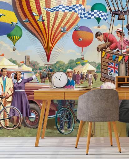 mural de papel de parede colorido personalizado da era passada chamado Hot Air Balloon Show de Victor McLindon para casas de repouso