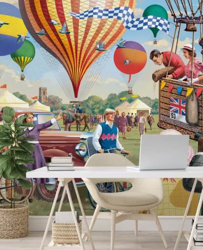 colorful custom bygone era wallpaper mural called Hot Air Balloon Show by Victor McLindon for care homes