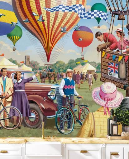 colorful custom bygone era wallpaper mural called Hot Air Balloon Show by Victor McLindon for care homes