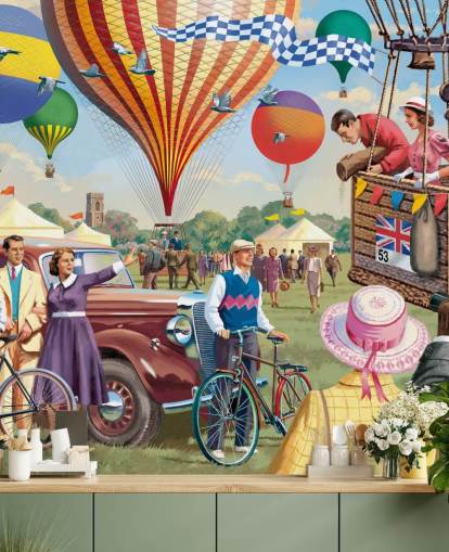 Buntes individuelles Tapeten-Wandbild aus vergangenen Zeiten mit dem Titel Hot Air Balloon Show von Victor McLindon für Pflegeheime
