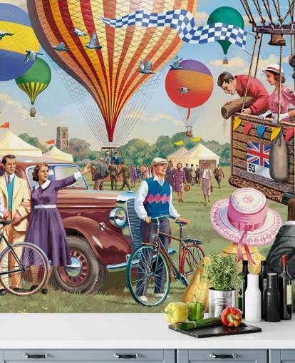 colorful custom bygone era wallpaper mural called Hot Air Balloon Show by Victor McLindon for care homes