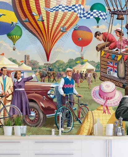 colorido mural de papel pintado personalizado de la época pasada llamado Hot Air Balloon Show de Victor McLindon para residencias de ancianos