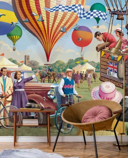 colorido mural de papel pintado personalizado de la época pasada llamado Hot Air Balloon Show de Victor McLindon para residencias de ancianos