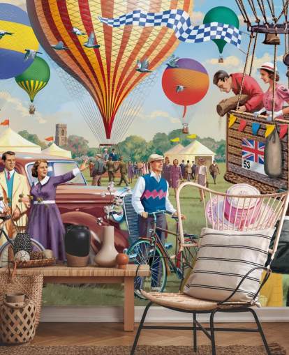colorido mural de papel pintado personalizado de la época pasada llamado Hot Air Balloon Show de Victor McLindon para residencias de ancianos