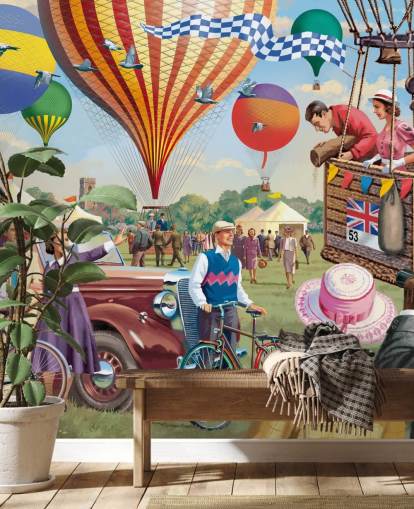 colorful custom bygone era wallpaper mural called Hot Air Balloon Show by Victor McLindon for care homes