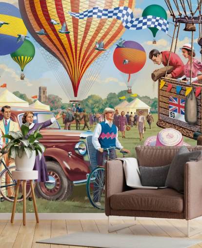 färgglad anpassad svunnen tid tapetväggmålning som heter Hot Air Balloon Show av Victor McLindon för vårdhem färgglad anpassad svunnen tid tapetväggmålning som heter Hot Air Balloon Show av Victor McLindon för vårdhem