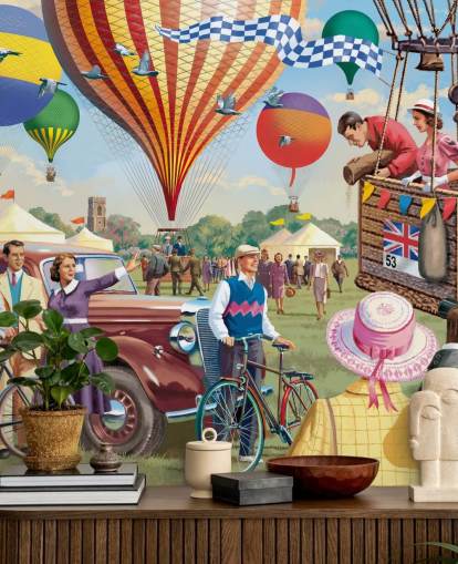 carta da parati murale colorata personalizzata di epoca passata chiamata Hot Air Balloon Show di Victor McLindon per case di cura