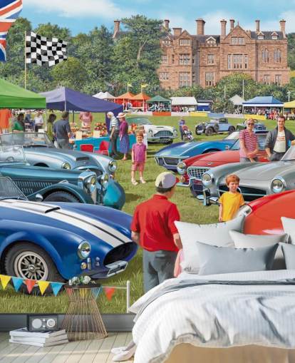 farbenfrohes Wandbild aus vergangenen Zeiten mit dem Titel Vintage Car Show von Victor McLindon für Pflegeheime