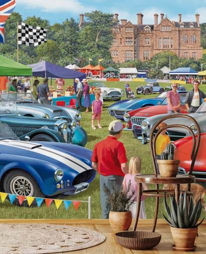 färgglad anpassad svunnen tid tapetväggmålning som heter Vintage Car Show av Victor McLindon för vårdhem färgglad anpassad svunnen tid tapetväggmålning som heter Vintage Car Show av Victor McLindon för vårdhem
