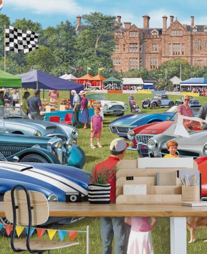 colorful custom bygone era wallpaper mural called Vintage Car Show by Victor McLindon for care homes