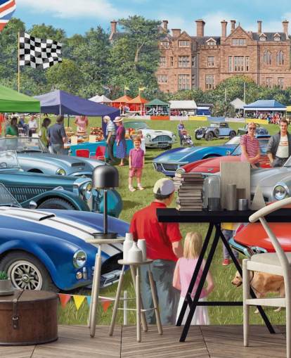 colorful custom bygone era wallpaper mural called Vintage Car Show by Victor McLindon for care homes