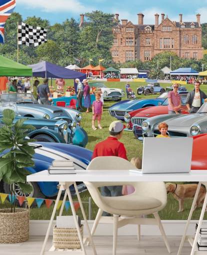 colorful custom bygone era wallpaper mural called Vintage Car Show by Victor McLindon for care homes