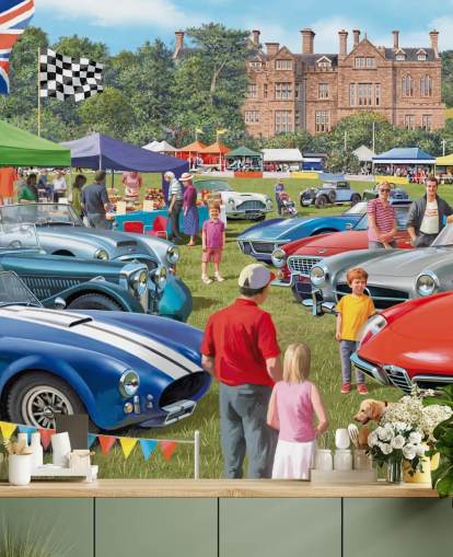 kleurrijke op maat gemaakte behangmuurschildering uit vervlogen tijden genaamd Vintage Car Show van Victor McLindon voor verzorgingstehuizen