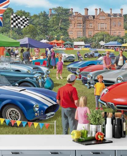 colorido mural de papel pintado personalizado de la época pasada llamado Vintage Car Show de Victor McLindon para residencias de ancianos