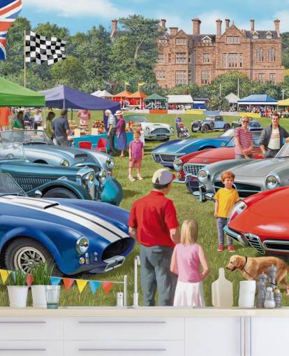 colorful custom bygone era wallpaper mural called Vintage Car Show by Victor McLindon for care homes