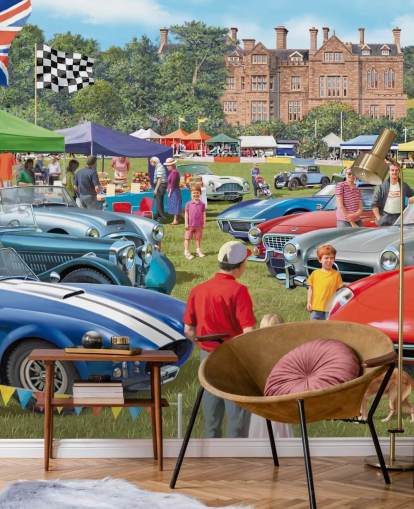 colourful custom bygone era wallpaper mural called Vintage Car Show by Victor McLindon for care homes