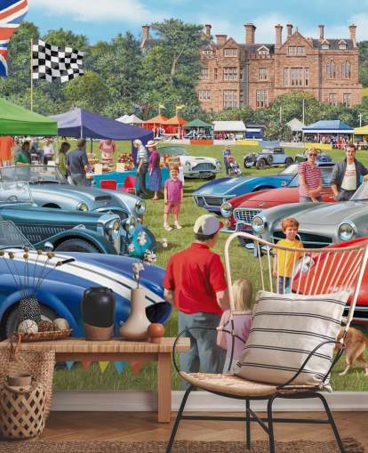 kleurrijke op maat gemaakte behangmuurschildering uit vervlogen tijden genaamd Vintage Car Show van Victor McLindon voor verzorgingstehuizen kleurrijke op maat gemaakte behangmuurschildering uit vervlogen tijden genaamd Vintage Car Show van Victor McLindon voor verzorgingstehuizen