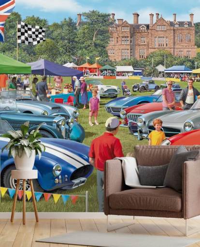 mural de papel de parede colorido personalizado da era passada chamado Vintage Car Show de Victor McLindon para casas de repouso