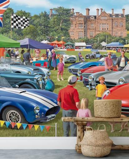 kleurrijke op maat gemaakte behangmuurschildering uit vervlogen tijden genaamd Vintage Car Show van Victor McLindon voor verzorgingstehuizen kleurrijke op maat gemaakte behangmuurschildering uit vervlogen tijden genaamd Vintage Car Show van Victor McLindon voor verzorgingstehuizen