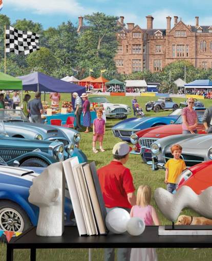 colourful custom bygone era wallpaper mural called Vintage Car Show by Victor McLindon for care homes