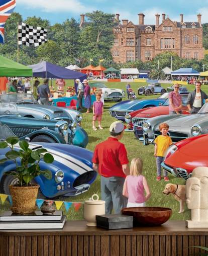 colorful custom bygone era wallpaper mural called Vintage Car Show by Victor McLindon for care homes
