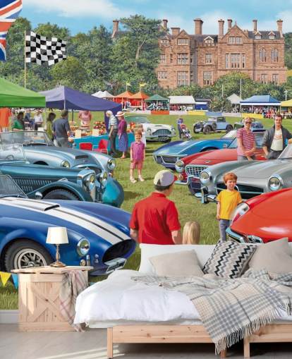 colourful custom bygone era wallpaper mural called Vintage Car Show by Victor McLindon for care homes
