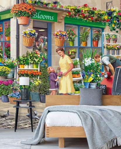 colorful custom bygone era wallpaper mural called Corner Florist by Victor McLindon for care homes