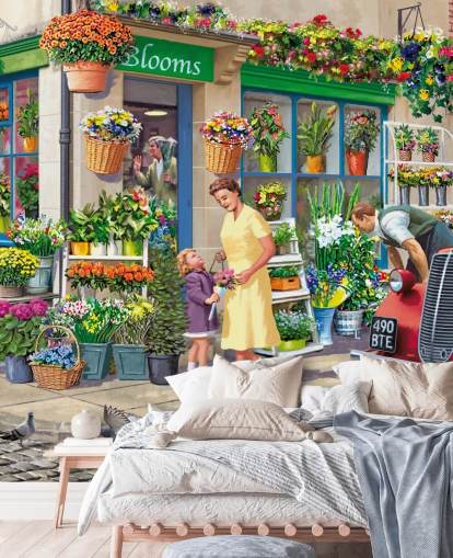 colorful custom bygone era wallpaper mural called Corner Florist by Victor McLindon for care homes