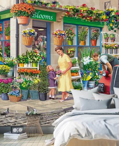 carta da parati murale colorata personalizzata di epoca passata chiamata Corner Florist di Victor McLindon per case di cura