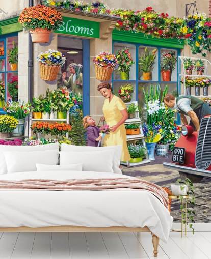 kleurrijke op maat gemaakte behangmuurschildering uit vervlogen tijden genaamd Corner Florist van Victor McLindon voor verzorgingstehuizen