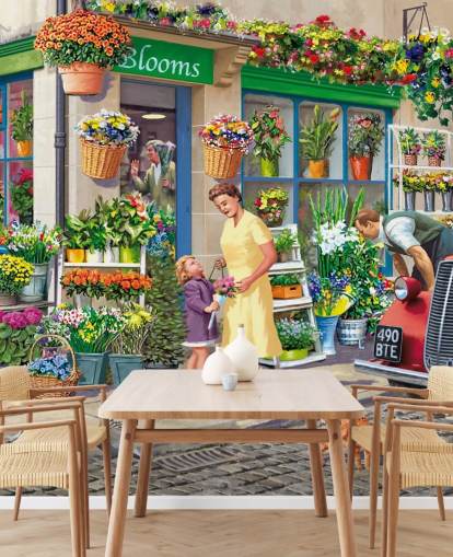 mural de papel de parede colorido personalizado da era passada chamado Corner Florist, de Victor McLindon, para casas de repouso