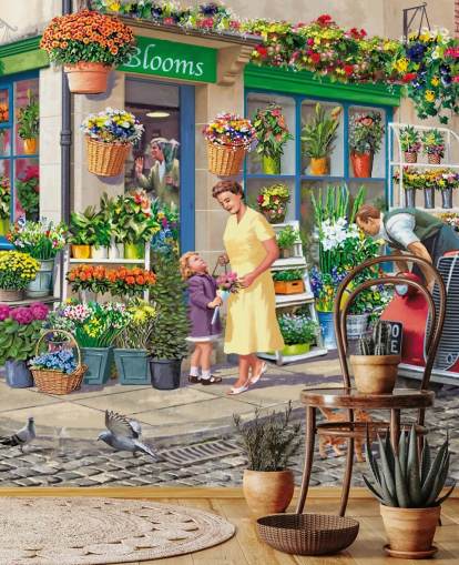 farverigt brugerdefineret tapetmaleri fra svunden æra kaldet Corner Florist af Victor McLindon til plejehjem